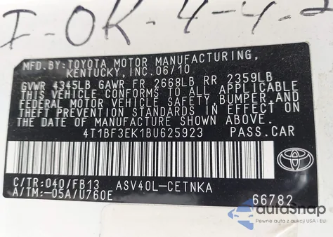 2011 Toyota Camry Le z USA, uszkodzony, nr VIN 4T1BF3EK1BU625923